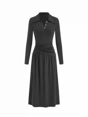 Collar Ruched Metal Button Long Sleeve Maxi Dress