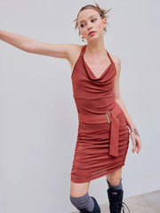 Halter Ruched Belted Solid Mini Dress