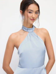 Satin Halter Neckline Split Knotted Maxi Dress