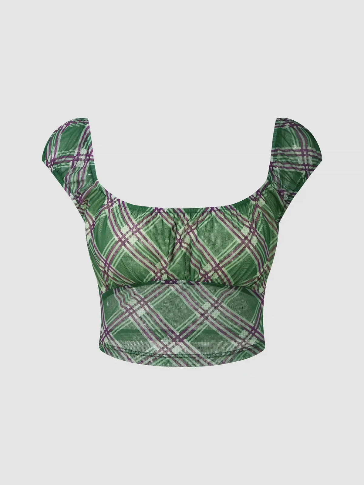 Plaid Square Neck Short Sleeve Blouse