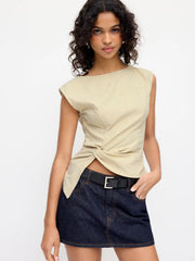 Checks Boat Neck Twist Knotted Blouse
