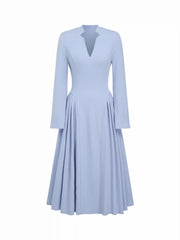 V-neck Pleated Flared Maxi Dress