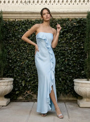 Satin Ruffle Hem Split Bandeau Maxi Mermaid Dress