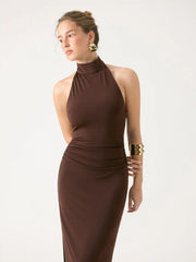 Jersey Halter Neck Ruched Zipper Maxi Dress