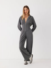 Jersey Hooded Cinched Waist Zipper Jumpsuit
