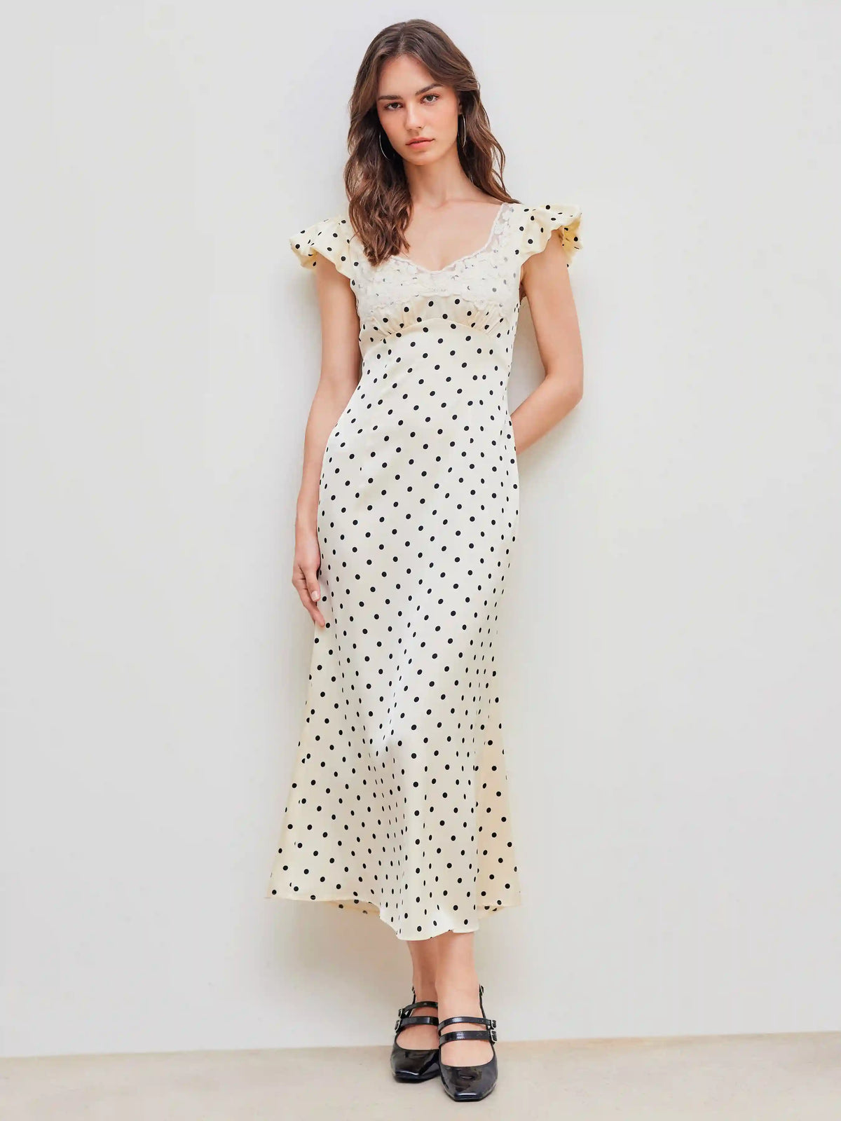 Woven Sweetheart Polka Dot Lace Trim Maxi Dress