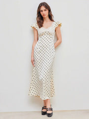 Woven Sweetheart Polka Dot Lace Trim Maxi Dress