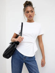 Cotton-blend Round Neckline Ruched Asymmetrical Hem Tee