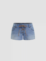 Stretch Denim Low Rise Lace Up Raw Hem Micro Shorts