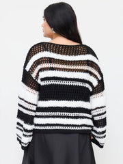 Knit Striped Boat Neck Hollow Out See-through Oversized Top Curve & Plus