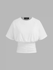Cotton-blend Round Neck Solid Ruched Short Sleeve Tee