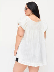 Cotton-blend Square Neck Ruffle Knotted Oversized Blouse Curve & Plus