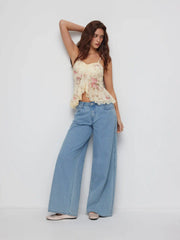 Mesh Floral Sweetheart Neck Lace Trim Peplum Hem Cami Blouse