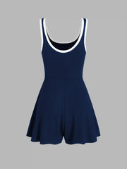 U-neckline Contrasting Trim Solid Romper