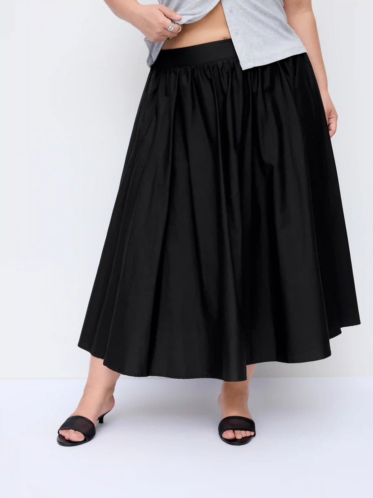 Cotton Mid Rise Draped Pleated Flared Midi Skirt Curve & Plus