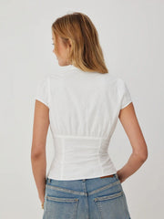 Cotton-blend Broderie Anglaise V-neck Ruffled Short Sleeve Blouse