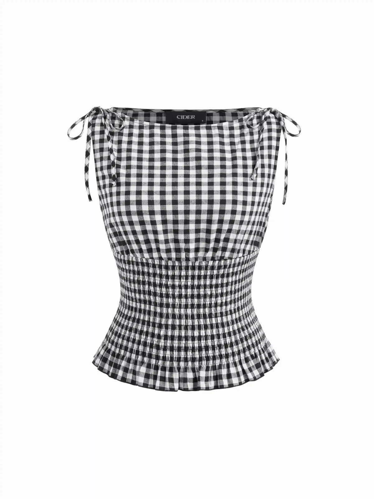 Cotton-blend Boat Neck Gingham Shirred Lettuce Trim Knotted Tank Top