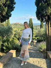 Mesh Oil Painting Mid Rise Lettuce Trim Mermaid Maxi Skirt