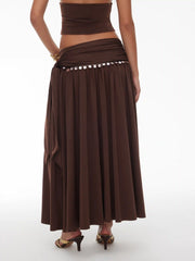 Mid Rise Wrap Metal Detail Split Flared Maxi Skirt