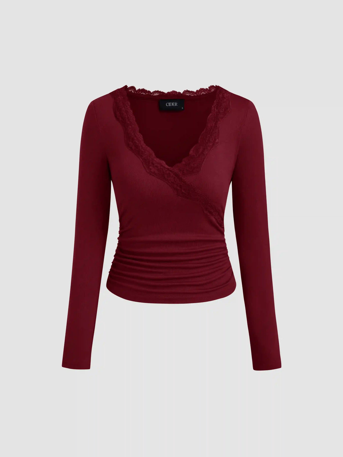 V-neck Solid Lace Trim Ruched Long Sleeve Top