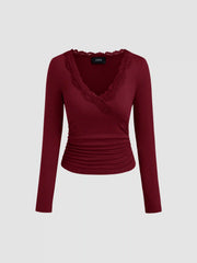 V-neck Solid Lace Trim Ruched Long Sleeve Top