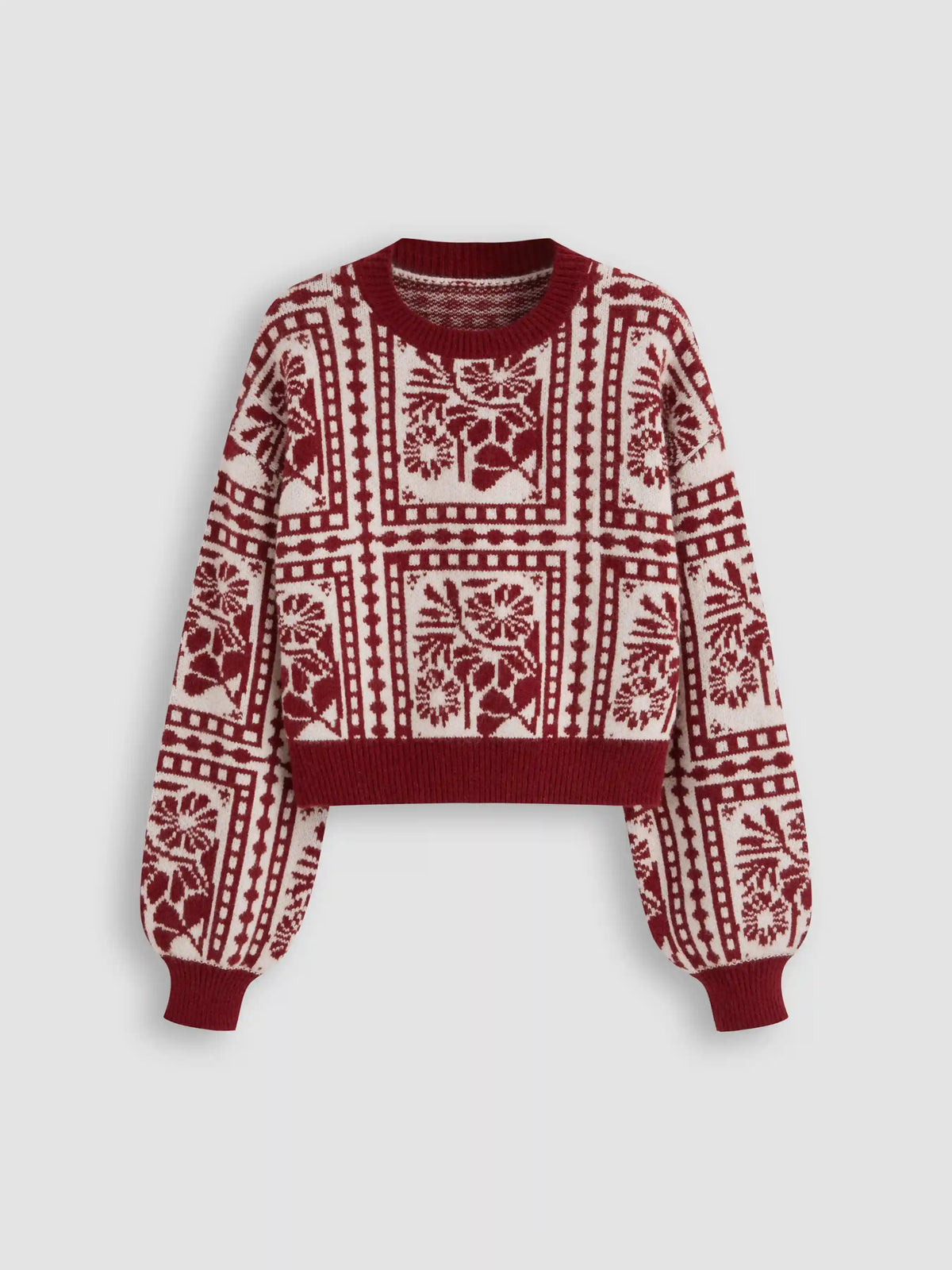 Knit Round Neckline Floral Contrasting Binding Sweater