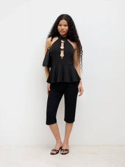 Halter Neckline Shell Metal Detail Ruffle Hem Top