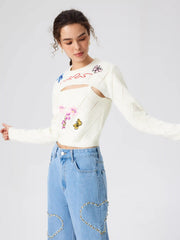 Wool-blend Round Neckline Floral Butterfly Knitted Crop Long Sleeve Top