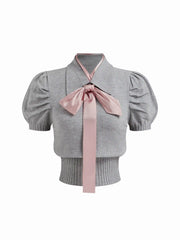 Knit Collar Puff Short Sleeve Bowknot Cinched Waist Top