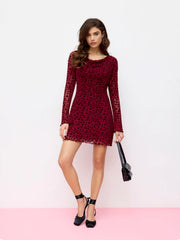 Mesh Heart Boat Neck Bell Sleeve Flocking Mini Dress