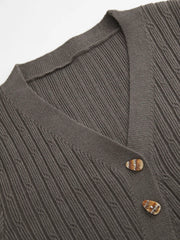 Cable Knit V-neck Asymmetrical Split Button Cardigan