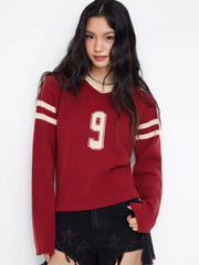 9 Knit V-neck Long Sleeve Contrasting Binding Top