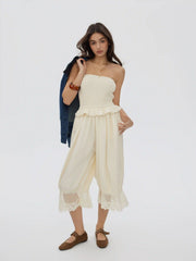 Chiffon Strapless Smocked Waist Lace Trim Bloomer Capri Jumpsuit