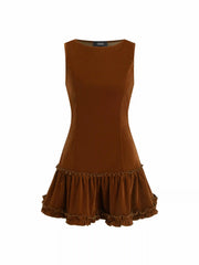 Velvet Boat Neck Lettuce Trim Mini Dress