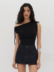 Asymmetrical Neck Drawstring Ruched Bodysuit