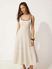 Linen-blend Square Neck Pocket A-line Maxi Dress