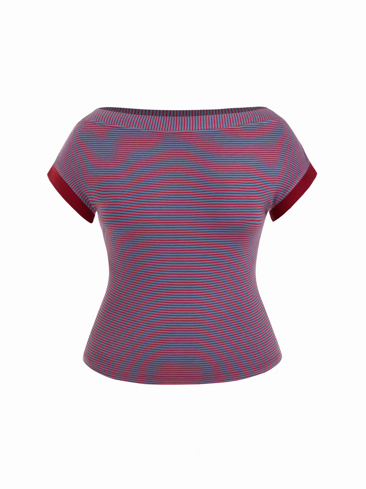 Boat Neck Stripe Contrasting Binding Short Sleeve Tee Curve & Plus
