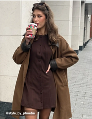 Faux Leather Contrasting Collar Long Barn Jacket