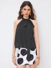 Chiffon Halter Neckline Polka Dot Knotted Oversized  Blouse