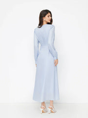 Round Neckline Lantern Long Sleeve Metal Button Ruched Maxi Dress