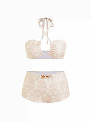 Conjunto de bikini de bandéu con cuello halter, estampado azteca y acanaladuras y pantalones cortos de subida media Curvy