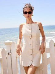 Linen-blend Solid Button Mini Dress