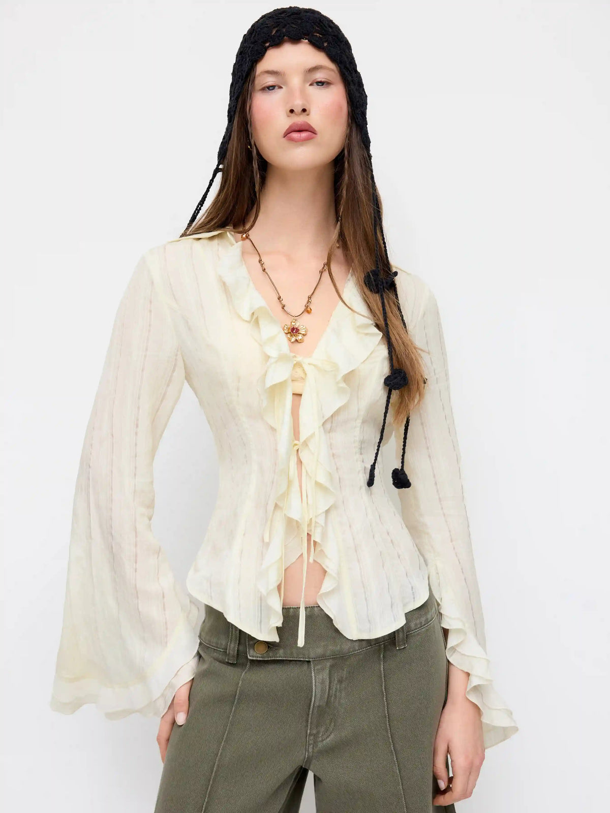 Striped Tie Front Cinched Waist Ruffle Sleeve Blouse