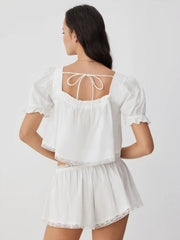 Cotton Puff Sleeve Crop Top & Low Rise Shorts Loungewear Set