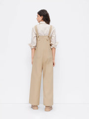 Cotton-blend Square Neck Pleated Button Wide Leg Jumpsuit