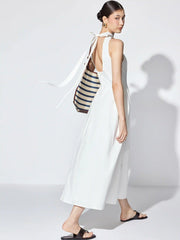 Cotton High Neck Backless Bowknot A-line Maxi Dress