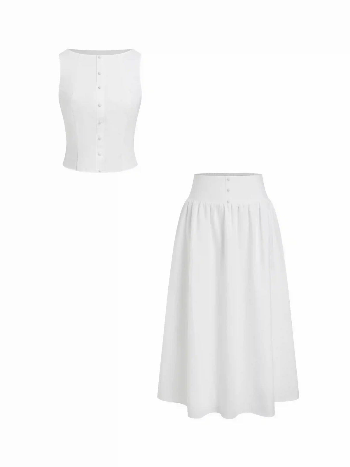 Linen-blend Button Detail Top & Mid Rise Shirred Flared Maxi Skirt Set