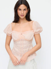 Chiffon Sweetheart Puff Sleeve Lace Panel Ruched Peplum Blouse