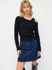 Asymmetrical Neck Long Sleeve Top With Button Detail