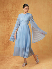 Chiffon Bell Sleeve Pleated Flared Maxi Dress